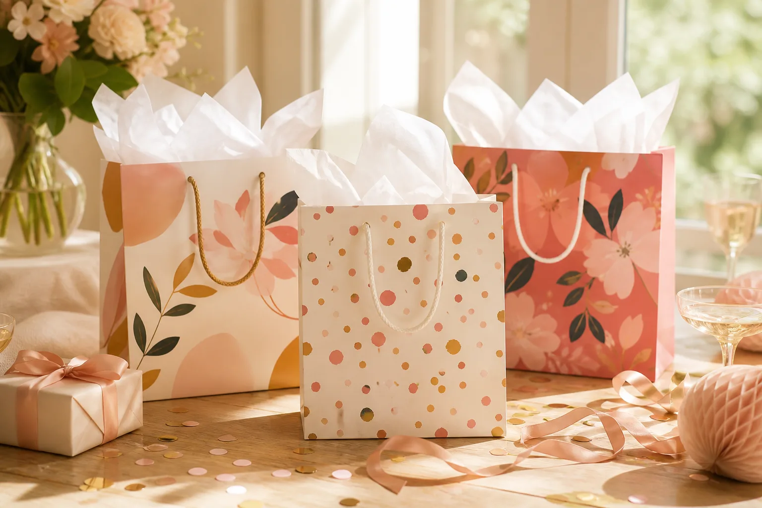 Personalized gift bags with white tissue paper on a sunlit celebration table